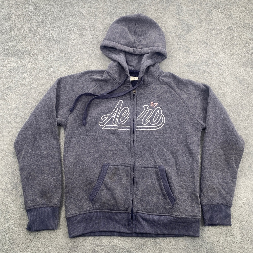 Aeropostale Full Zip Hoodie Womens Large Blue Aero 87 Embroidered Logo Raglan
